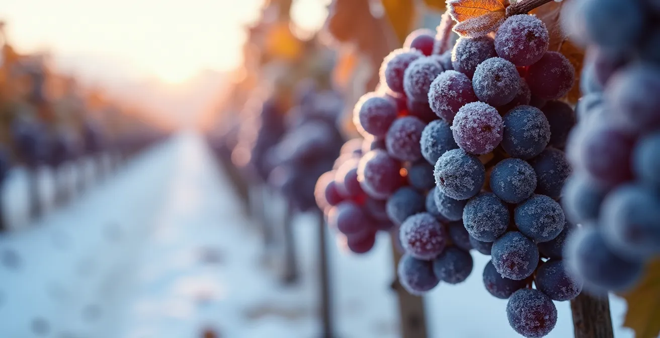 Gros plan sur des grappes de raisin givré avec toiles géotextiles en arrière-plan flou