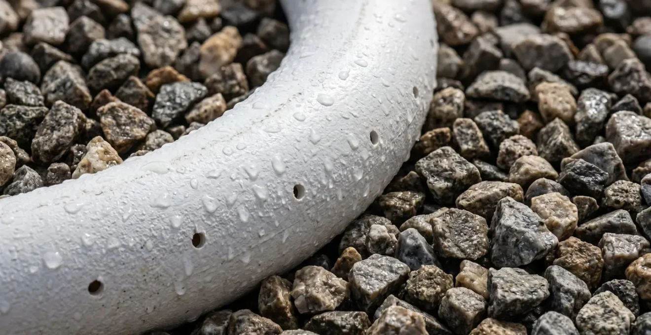 Gros plan détaillé d'un tuyau de drainage blanc perforé en PVC entouré de gravier agrégat, avec des gouttes d'eau visibles sur la surface