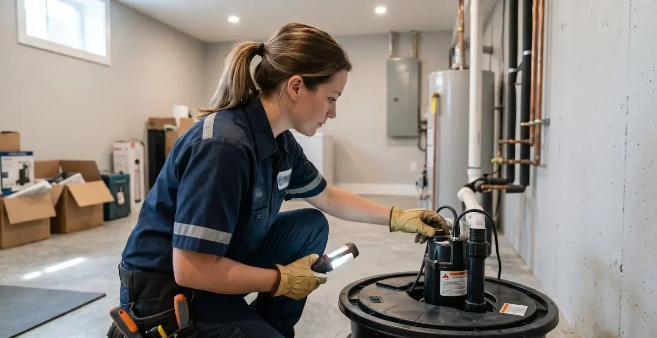 Un plombier en uniforme de travail accroupi près d'un puisard ouvert dans un sous-sol résidentiel, vu de dos par-dessus son épaule, vérifiant l'équipement de la pompe