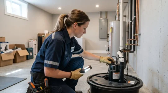 Un plombier en uniforme de travail accroupi près d'un puisard ouvert dans un sous-sol résidentiel, vu de dos par-dessus son épaule, vérifiant l'équipement de la pompe