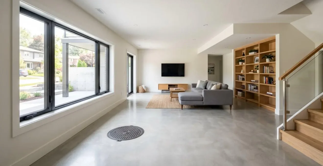 Vue en grand angle d'un sous-sol résidentiel contemporain avec un couvercle rond de puisard visible sur le sol en béton lisse, éclairé par la lumière naturelle d'une fenêtre