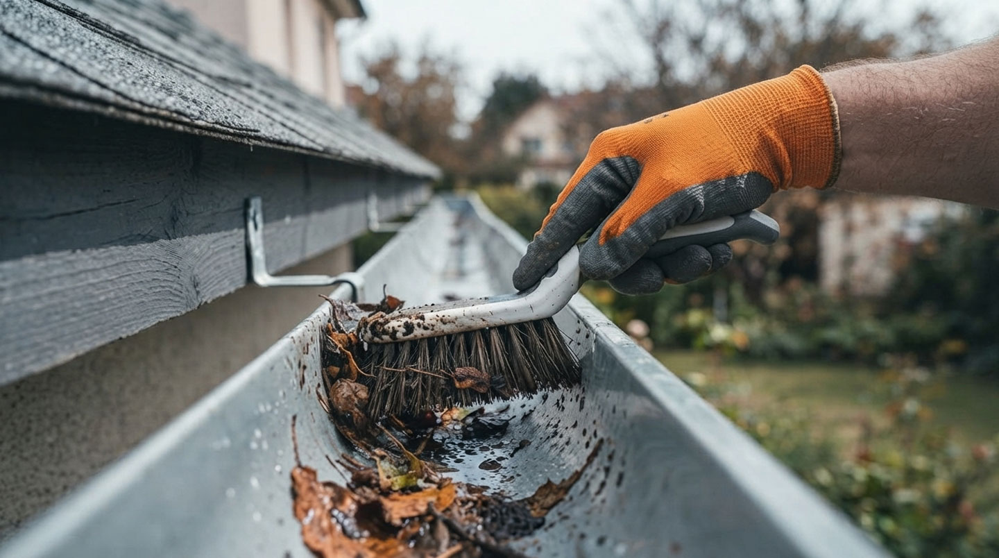 Gouttière résidentielle québécoise obstruée par des feuilles mortes et débris, avec échelle d'entretien appuyée contre la façade de la maison