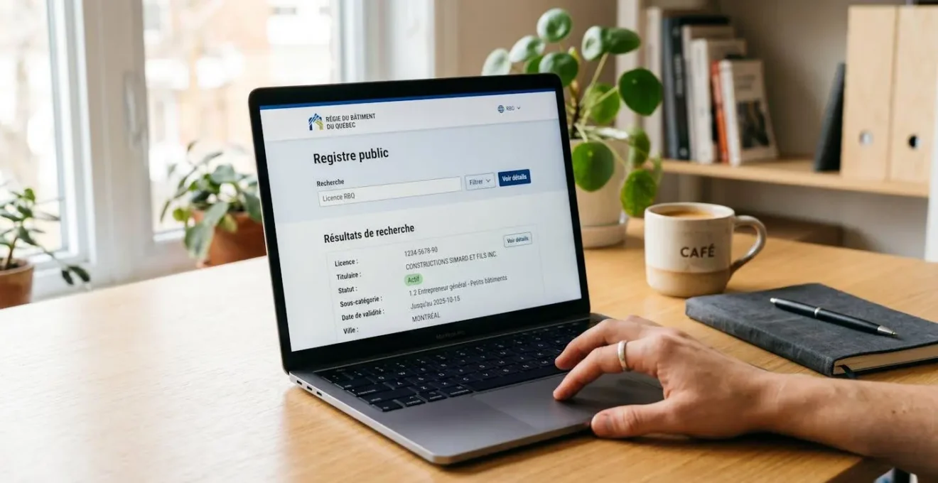 Écran d'ordinateur affichant l'interface du registre public de la Régie du bâtiment du Québec avec les résultats de vérification d'une licence d'entrepreneur