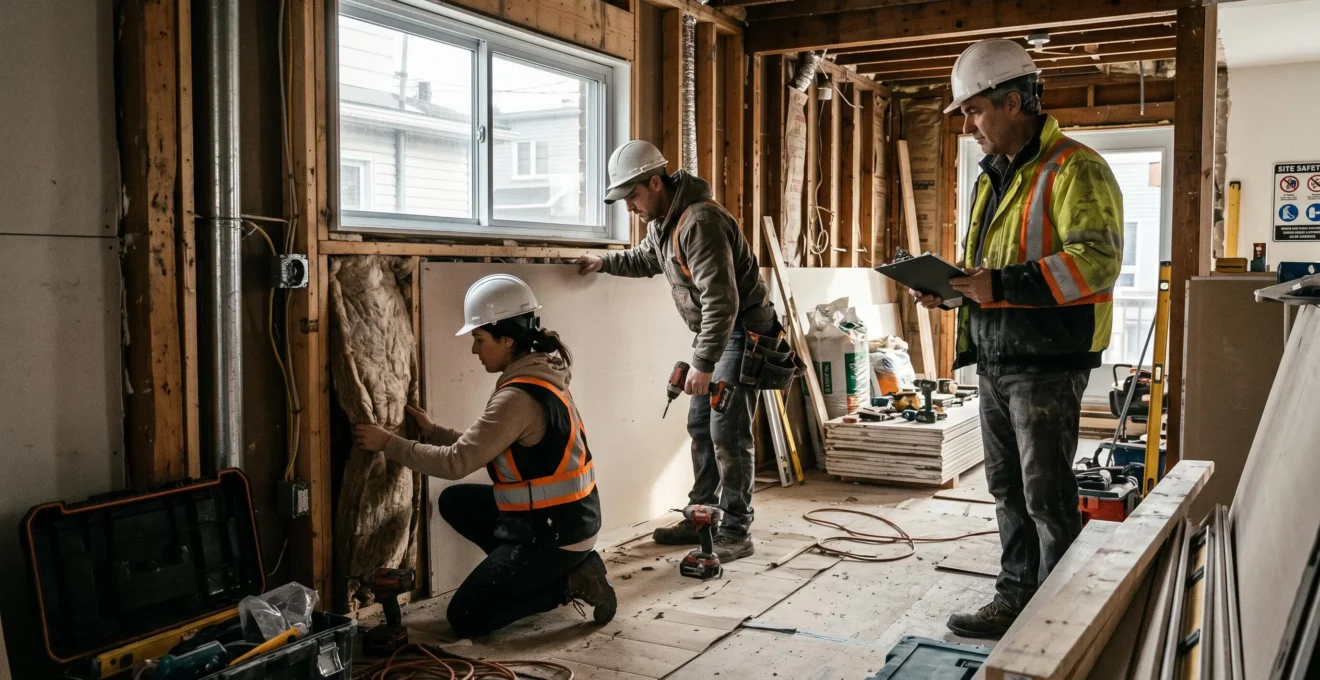 Équipe d'ouvriers qualifiés réalisant des travaux d'isolation et de cloisons sèches dans une maison résidentielle québécoise en cours de rénovation, sous la supervision d'un contremaître