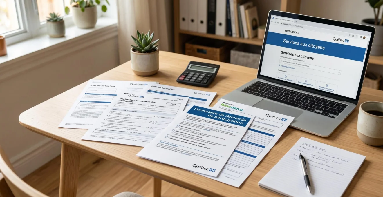 Formulaires de demande Rénoclimat et documents fiscaux Revenu Québec étalés sur un bureau résidentiel avec calculatrice et ordinateur