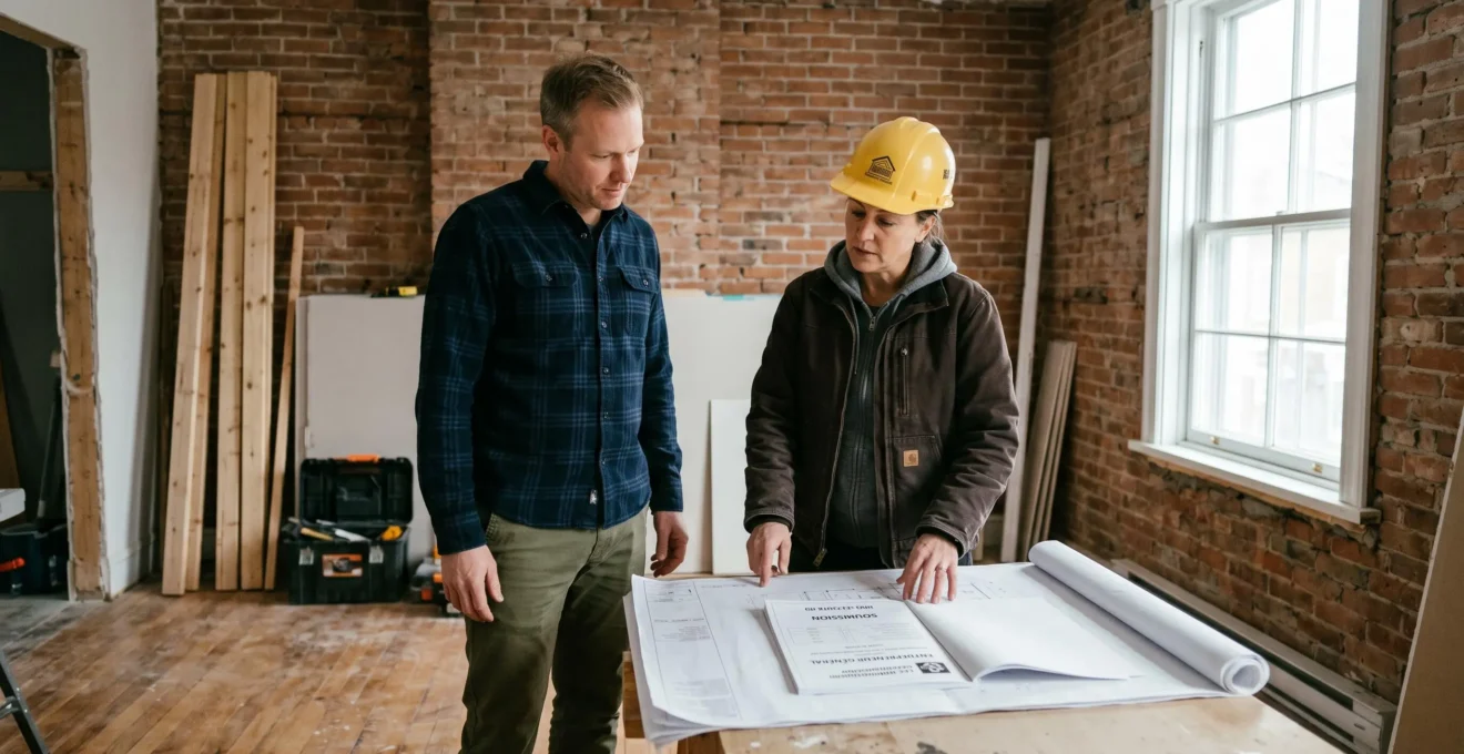 Un propriétaire et un entrepreneur général examinent ensemble des plans de rénovation à l'intérieur d'une maison résidentielle québécoise en cours de travaux, dans une ambiance professionnelle et collaborative