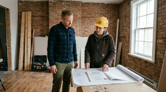 Un propriétaire et un entrepreneur général examinent ensemble des plans de rénovation à l'intérieur d'une maison résidentielle québécoise en cours de travaux, dans une ambiance professionnelle et collaborative