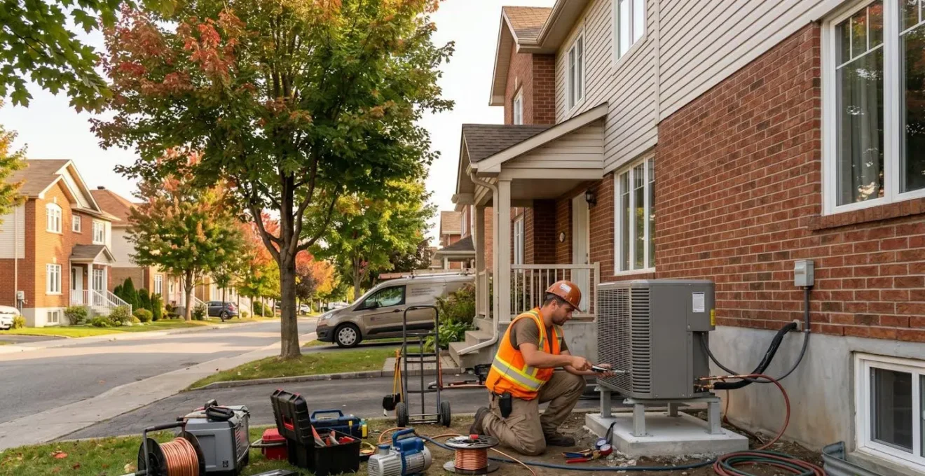 Technicien certifié installant une thermopompe extérieure sur une maison résidentielle typique du Québec avec architecture en brique et revêtement vinyle
