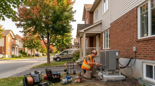Technicien certifié installant une thermopompe extérieure sur une maison résidentielle typique du Québec avec architecture en brique et revêtement vinyle