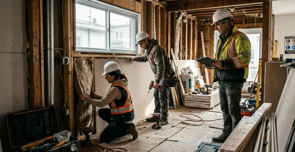Équipe d'ouvriers qualifiés réalisant des travaux d'isolation et de cloisons sèches dans une maison résidentielle québécoise en cours de rénovation, sous la supervision d'un contremaître Équipe d'ouvriers qualifiés réalisant des travaux d'isolation et de cloisons sèches dans une maison résidentielle québécoise en cours de rénovation, sous la supervision d'un contremaître